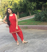 Red Zari Work Kurta With Tulip Pant